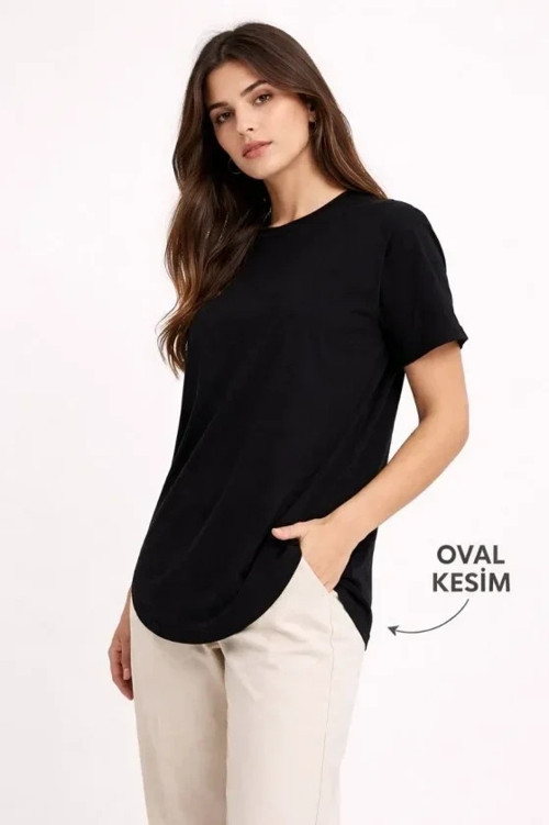 Basic T-Shirt Kısa Kol Bisiklet Yaka Oval Kesim Tişört - Siyah