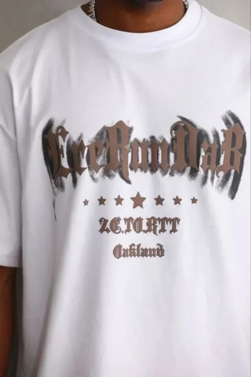 Erkek Baskılı T-Shirt Kısa Kol Bisiklet Yaka Regular Fit Rahat Kalıp Günlük Tişört - Beyaz