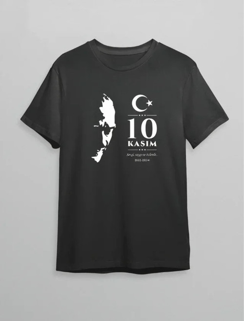10 Kasım Atatürk Anma Günü Silüet Baskılı Oversize Bisiklet Yaka T-shirt - Siyah