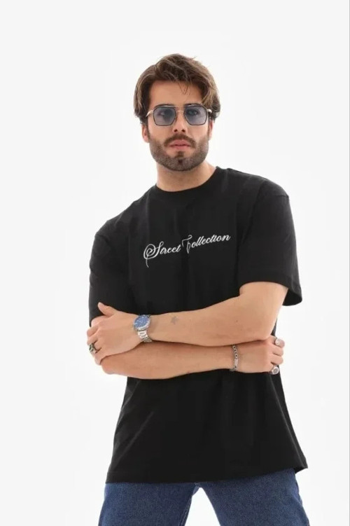 Erkek Baskılı T-Shirt Kısa Kol Bisiklet Yaka Regular Fit Rahat Kalıp Günlük Tişört - Siyah