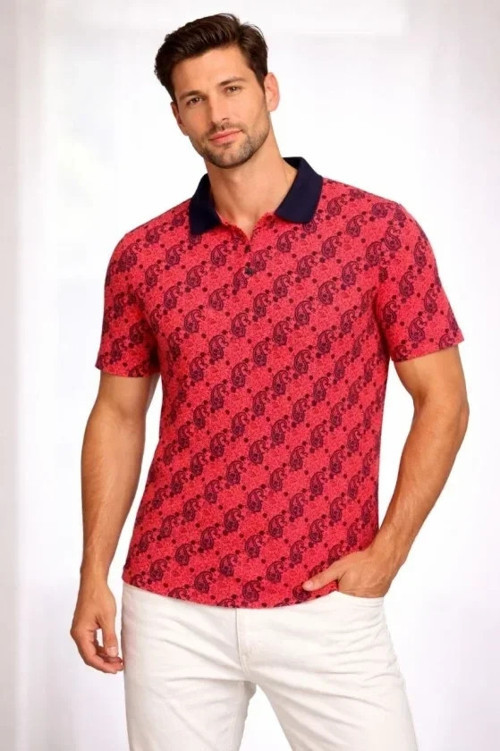 Erkek Pike Kumaş Polo Yaka Palmiye Desenli Tişört Kısa Kol Yazlık T-Shirt - Kırmızı