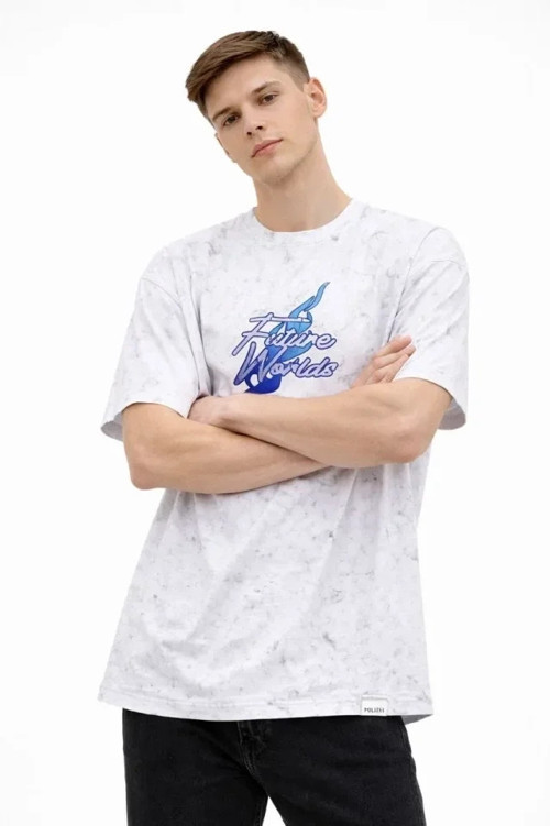 Erkek Asit Yıkamalı Oversize Tişört Future Worlds Baskılı Bisiklet Yaka Kısa Kollu Streetwear %100 P