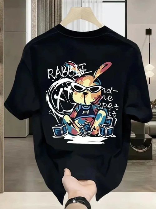 Baskılı Oversize Bisiklet Yaka T-shirt - Siyah