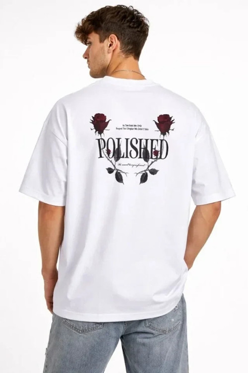 Erkek Bisiklet Yaka Baskılı Kısa Kollu Tişört Streetwear Günlük Basic Pamuklu T-shirt - Beyaz