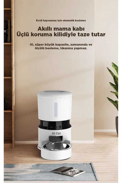 Akıllı Mama Kabı 4 L,Çift Kameralı – Metal Kaseli,Balık Göz Lensli Geniş Açı