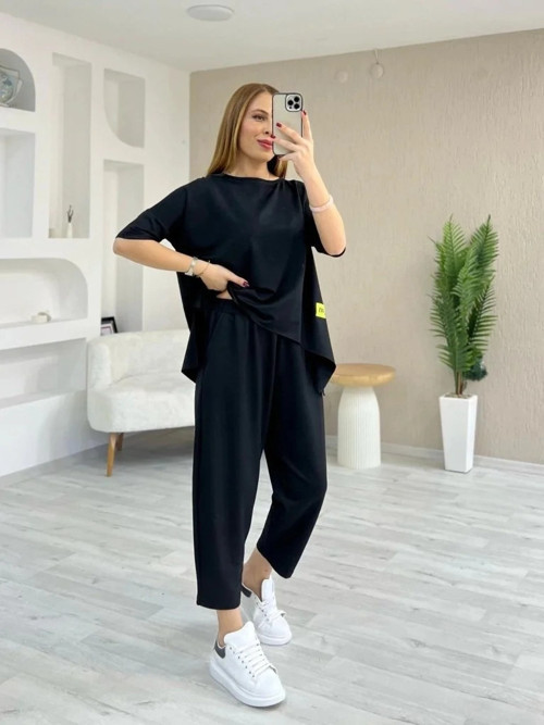 Kadın Kısa Kollu Bisiklet Yaka Viskon Iki Iplik Bluz Ve Pantolon Ikili Takım
