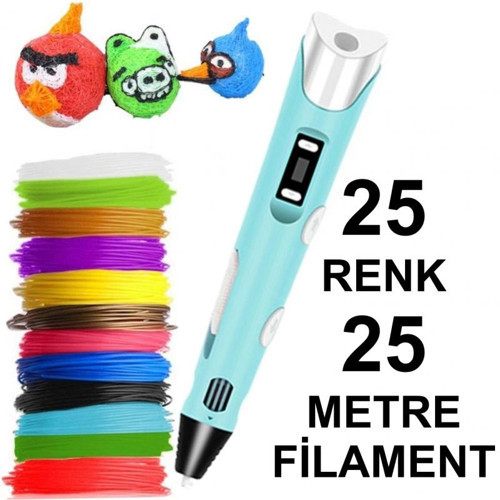 MAVİ 3D Kalem Yazıcı+25 renk 25 metre (25x1metre) PLA Filament
