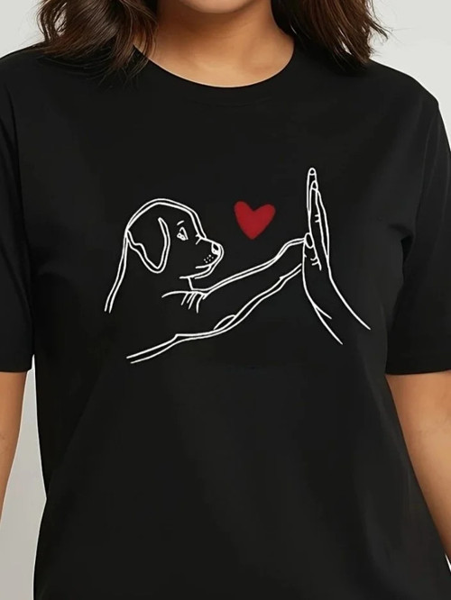 Kadın Kısa Kollu Bisiklet Yaka Köpek Baskılı Viskon Bluz