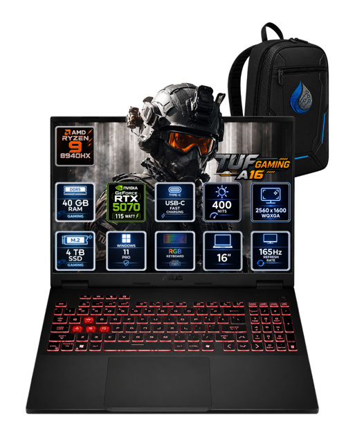TUF Gaming A16 AMD Ryzen 9 8940HX 40 GB DDR5 4 TB SSD RTX 5070 8GB 16'' WQXGA IPS 165Hz Windows 11 Pro Oyuncu Dizüs