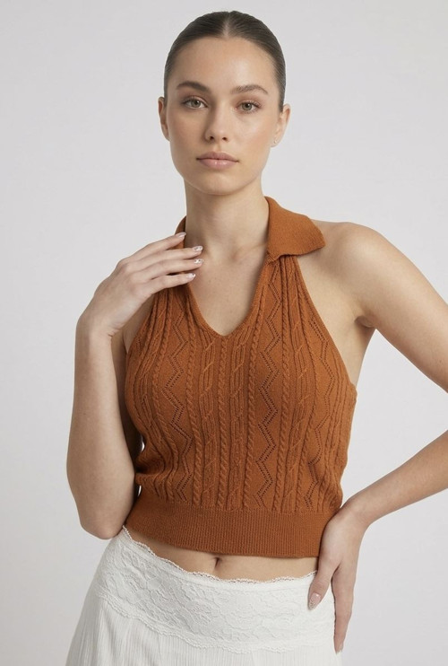 Kadın Polo Yaka Sırt Dekolteli Crop Bluz