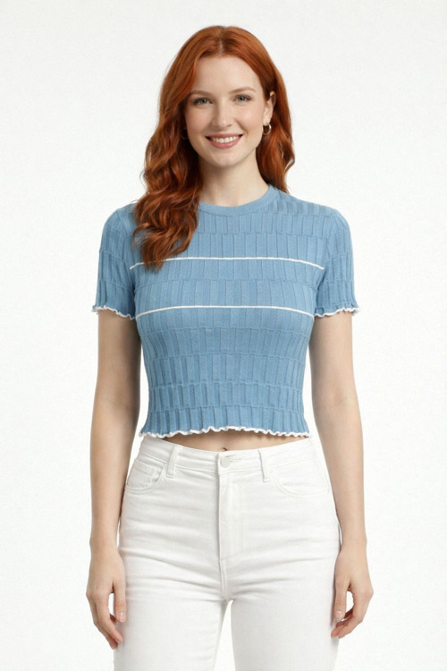 Dikdörtgen Desenli Marul Kenar Crop Triko Bluz
