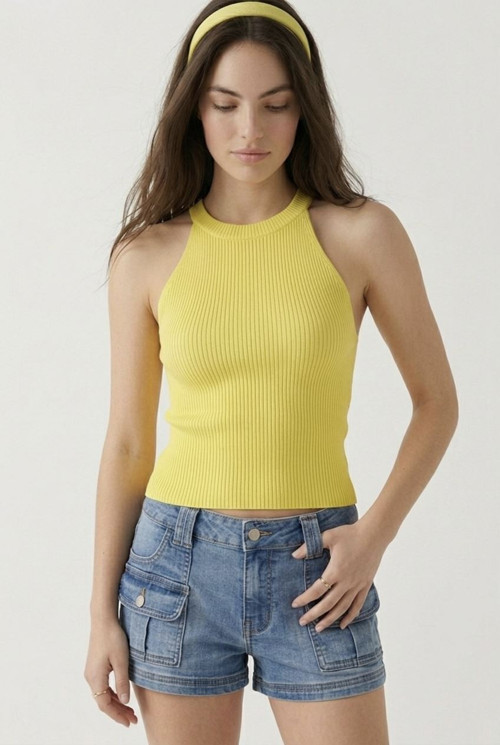 Kadın Fitilli Halter Yaka Crop Bluz