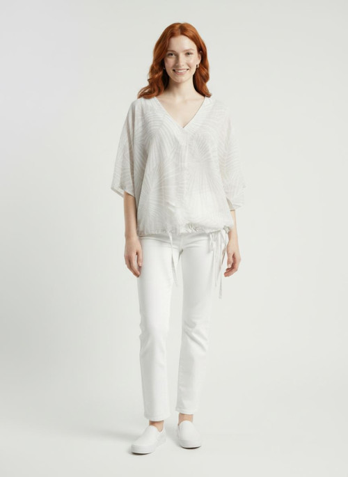 Kadın V Yaka Desenli Loose Fit İnce Bluz