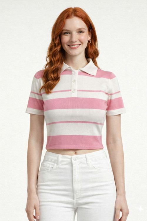 Çizgili Polo Yaka Düğmeli Triko Crop Bluz
