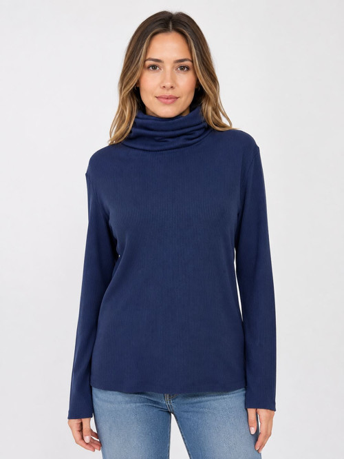 Kadın Mavi Triko Ribanalı Uzun Kollu Balıkçı Yaka Bluz