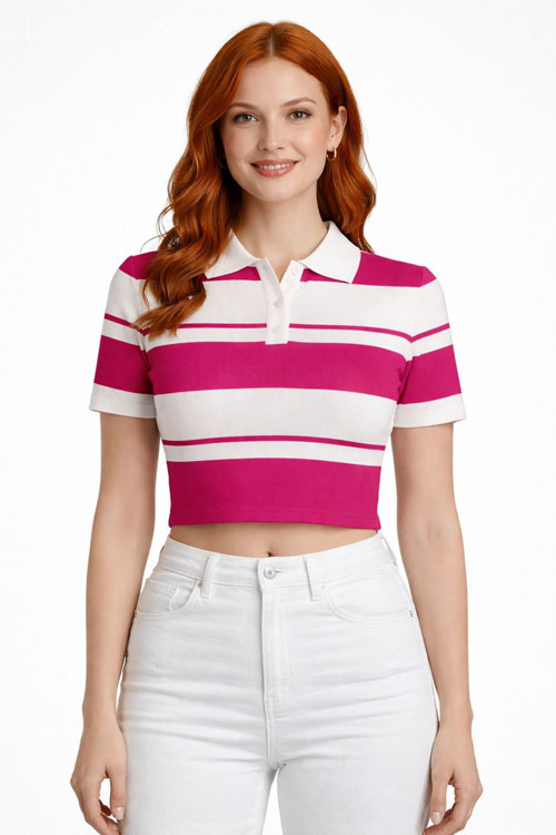 Çizgili Polo Yaka Düğmeli Triko Crop Bluz