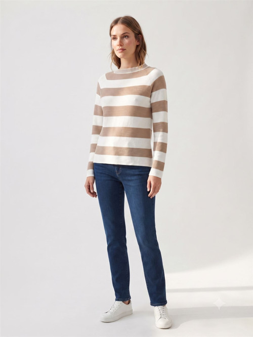 Kadın Çizgili Triko Yuvarlak Yaka Slim Fit Kazak
