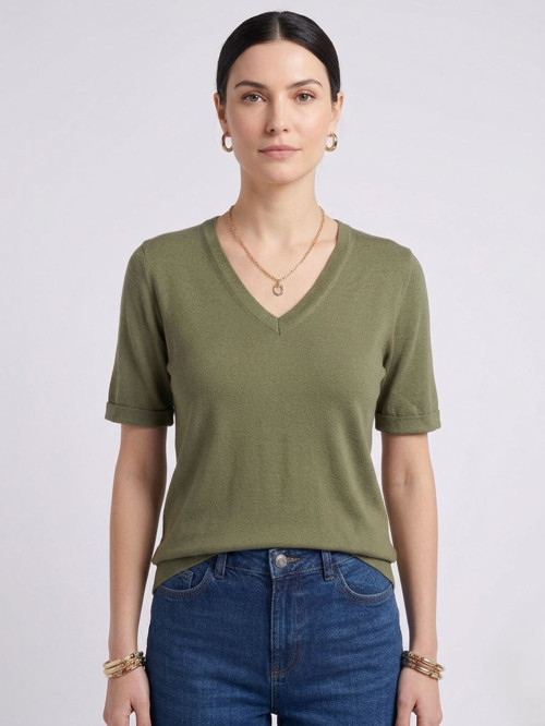 Kadın V Yaka Kısa Kollu Basic T-Shirt