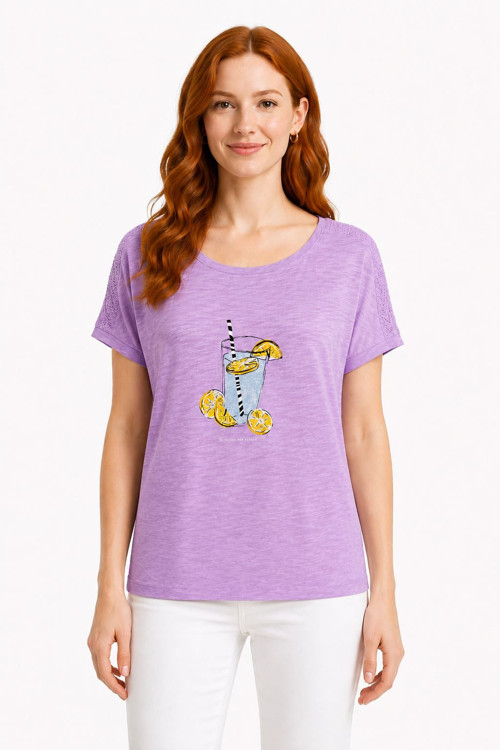 Kadın Lila Baskılı Kısa Kol T-Shirt