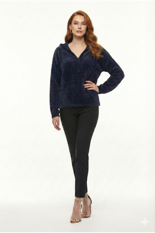 Lacivert Yumuşak Peluş Kapüşonlu Sweatshirt