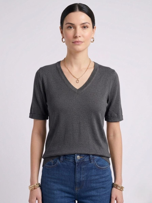 Kadın V Yaka Kısa Kollu Basic T-Shirt