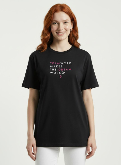 Kadın Siyah Baskılı Basic T-Shirt