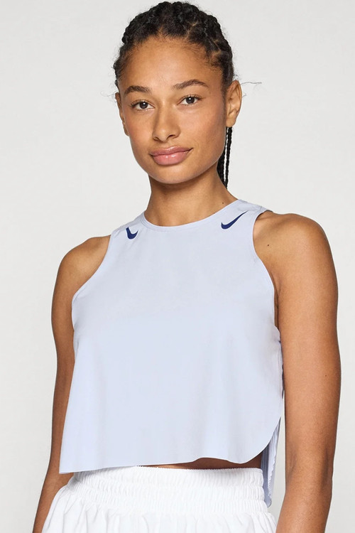 AeroSwift Dri Fit ADV Crop Womens Slim Fit Tank Kadın Pileli Crop Antreman Atleti Mavi