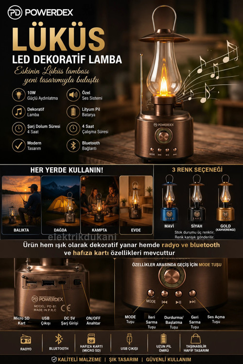 Gaz Lambası Modelli Radyolu Şarjlı Lüküs Dekoratif Lamba 10w Amber Işık