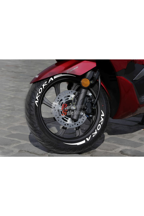 Scooter Arora + Şerit Lastik Sticker 10-14İnç Arası Uyumlu Lastik Yazısı Dekor Lastik Stiker 8Adet