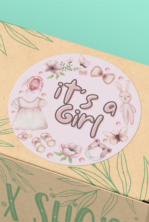 90 Adet - 3x3cm - Its a Girl Kız Bebek Temalı Yuvarlak Sticker Ambalaj Etiketi 3x3cm - ST2421