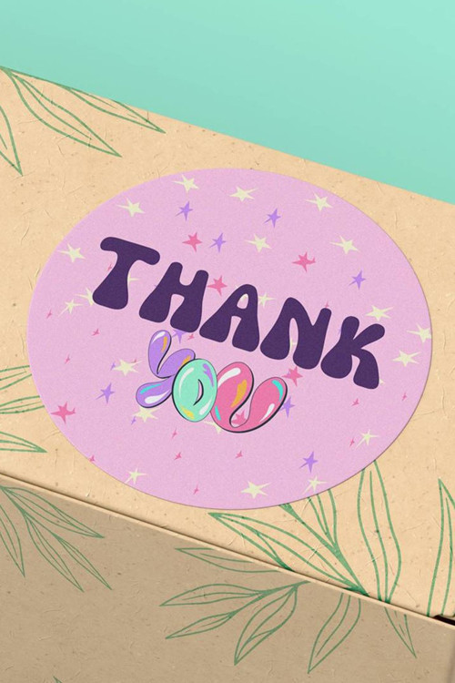 90 Adet - 3X3Cm - Retro Yıldızlı Thank You Yazılı Mor Hediye Kargo Paketleme Sticker Etiket 3X3Cm - St2115