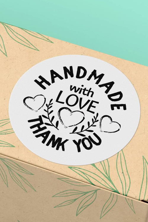 90 Adet - 3X3Cm - Handmade With Love Thank You Etiketi Beyaz Zemin Kargo Paketleme Sticker 3X3Cm - St2037