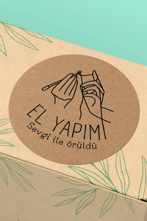 90 Adet - 3x3cm - Kraft Zemin Siyah El Yapım Sevgi İle Örüldü Örgü İğneli Sticker 3x3cm - ST2285
