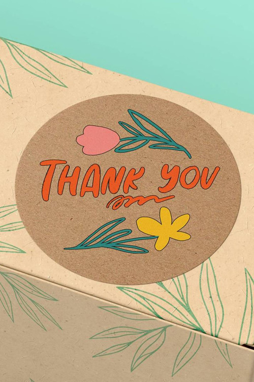 90 Adet - 3X3Cm - Çiçek Motifli Retro Font Thank You Kraft Kargo Sticker 3X3Cm - St2240