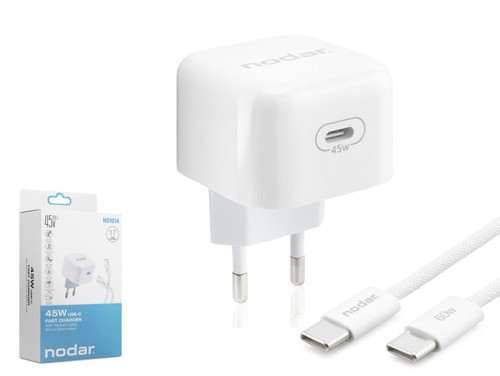 Type-c Hızlı Şarj Seti 45W Type-c Adaptörlü 1 M Örgülü Kablolu Beyaz ND1014
