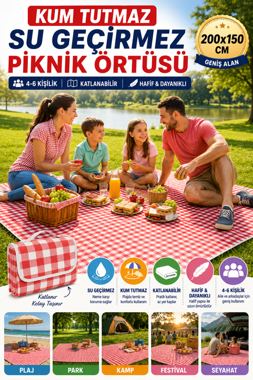 Su Geçirmez Kum Tutmaz Piknik Örtüsü 200x150 Katlanabilir Plaj Kamp Matı Taşıma Çantalı Kırmızı