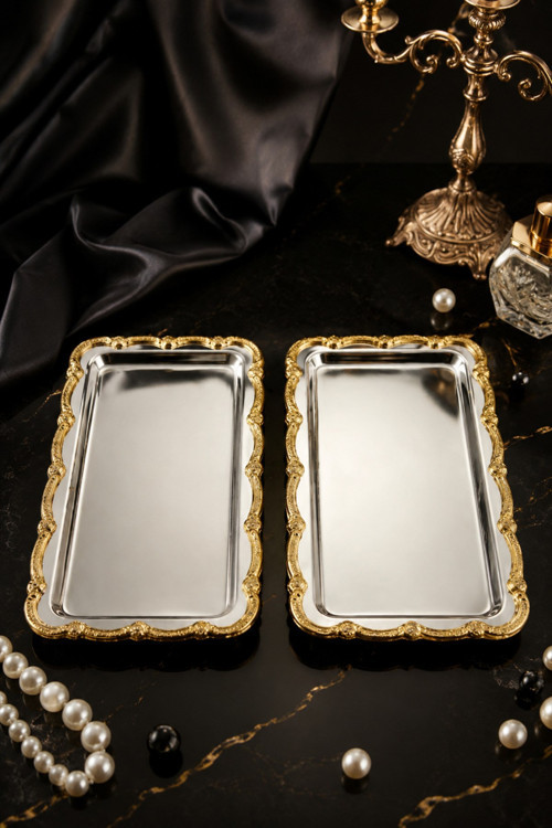 Nova Gold 2'li Paslanmaz Çelik Gold Çerçeve Kahve Sunum Tepsisi Baton 33x17 Cm
