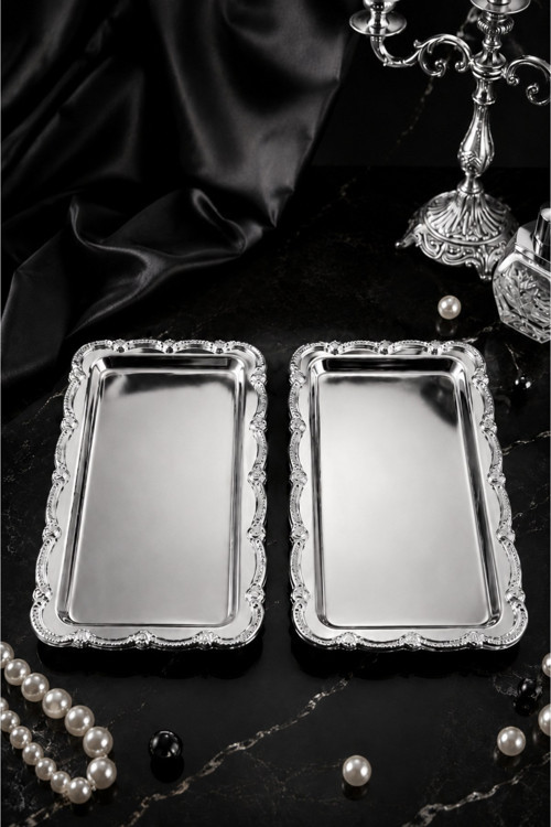 Nova Silver 2'li Paslanmaz Çelik Gümüş Çerçeve Kahve Sunum Tepsisi Baton 33x17 Cm
