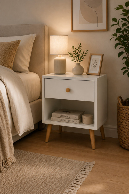Yatak Odası Komodin Beyaz Ceviz Çekmeceli Minimalist Basic Ayaklı