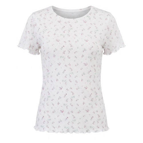 Kadın Pointel Çiçek Desenli Ribana Likralı Kumaş Kısa Kollu Tshirt BB2762