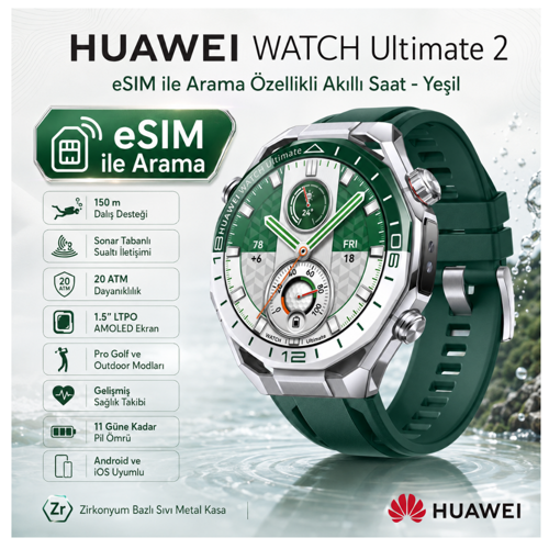 HUAWEI E-SİM Destekli WATCH Ultimate 2 Akıllı Saat, 150m Dalış Desteği, Sonar Tabanlı Sualtı İletişimi, Sağlık Takibi, eSIM ile Arama, 20 ATM Su Geçirmezlik, Spor İçin İdeal - Yeşil