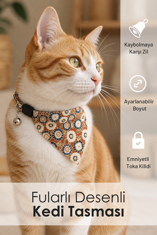 Kiwi Kpo-10410C Fularlı Karışık Desenli Çıngıraklı Kedi Tasması