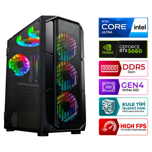 North X10 Intel Ultra 5 225F 16GB DDR5 Ram 512GB M.2 NVMe SSD 8GB RTX5060 Masaüstü Oyuncu Bilgisayarı