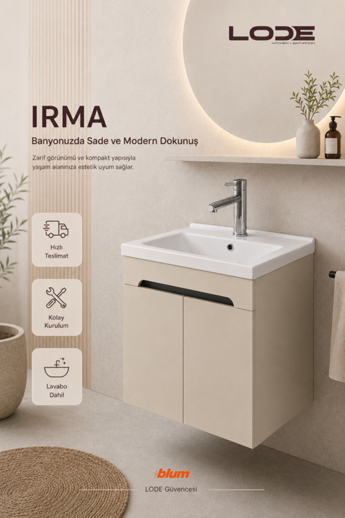 Irma 70 Cm Lavabolu Alt Banyo Dolabı, Kapaklı Banyo Alt Dolabı,Seramik Lavabo Dahil