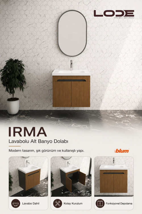 Irma Serisi 60 Cm Lavabolu Alt Banyo Dolabı, Kapaklı Banyo Alt Dolabı,Seramik Lavabo Dahil