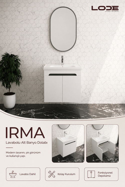 Irma Serisi 60 Cm Lavabolu Alt Banyo Dolabı, Kapaklı Banyo Alt Dolabı,Seramik Lavabo Dahil