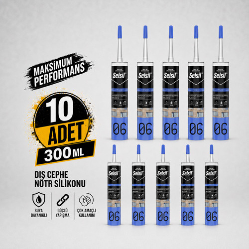 Şeffaf Nötr Dış Cephe Silikonu 300 ml UV Dayanımlı Cam Pvc Beton Derz Dolgu Mastiği 10 Adet