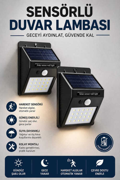 Solar Sensörlü Duvar Lambası Bahçe Lamba 20 Led Işık - TEOLSA8333-1799