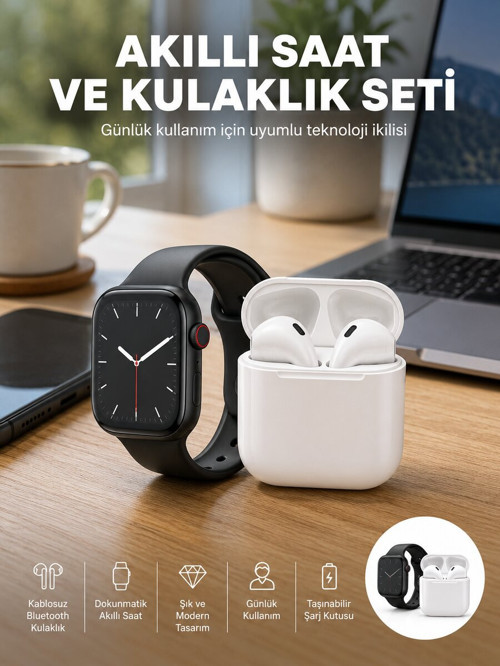 Akıllı Saat Gümüş Kasa Bluetooth Kulaklık Hediyeli Çok Fonksiyonlu İkili Set - TEOLSA6037-2