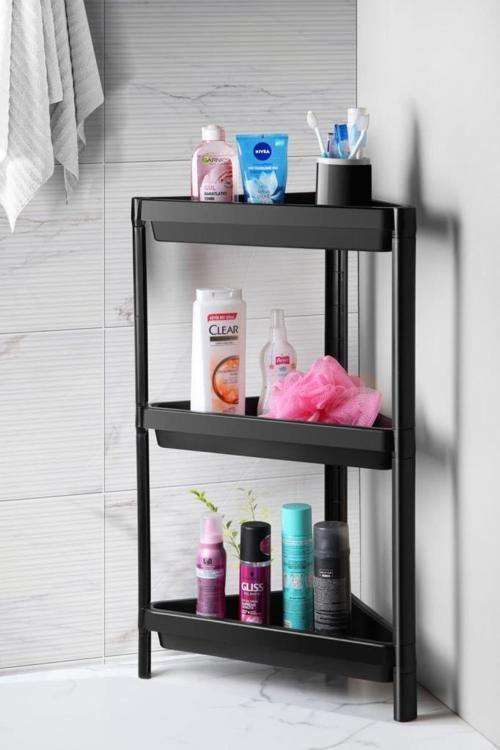 3 Katlı Üçgen Plastik Siyah Banyo Mutfak Rafı MIT1060
